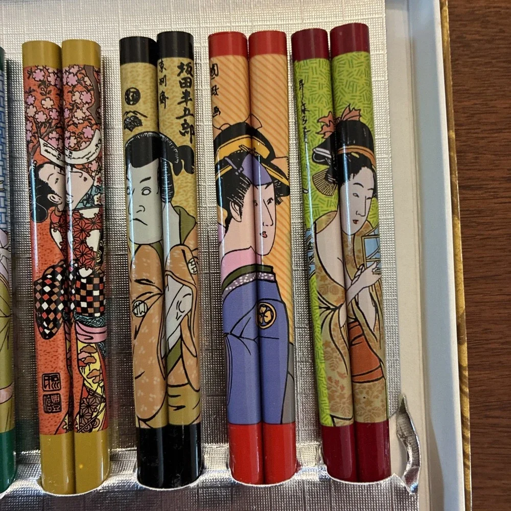 Set Of 5 Pairs Japanese Lacquered Wooden Chopsticks Geisha Girls In Box 9